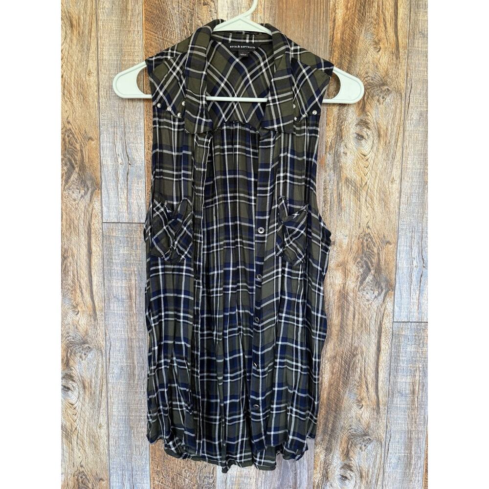 Rock & Republic Plaid Sleeveless Top Women L Green Studded Shoulder Button Front
